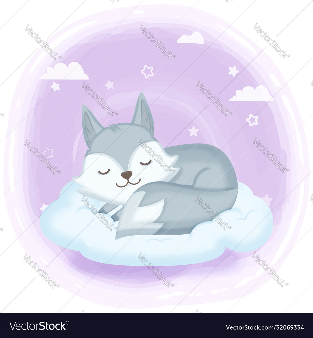 Cute fox asleep on cloud hand drawn cartoon