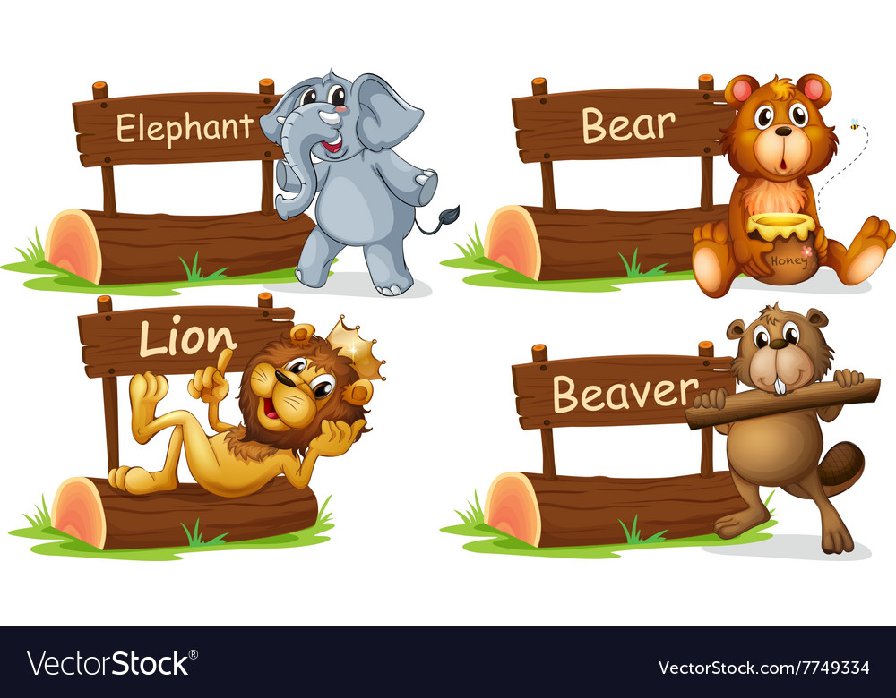 Four wild animals with wooden sign Royalty Free Vector Image Four wild animals with wooden sign Royalty Free Vector Image
