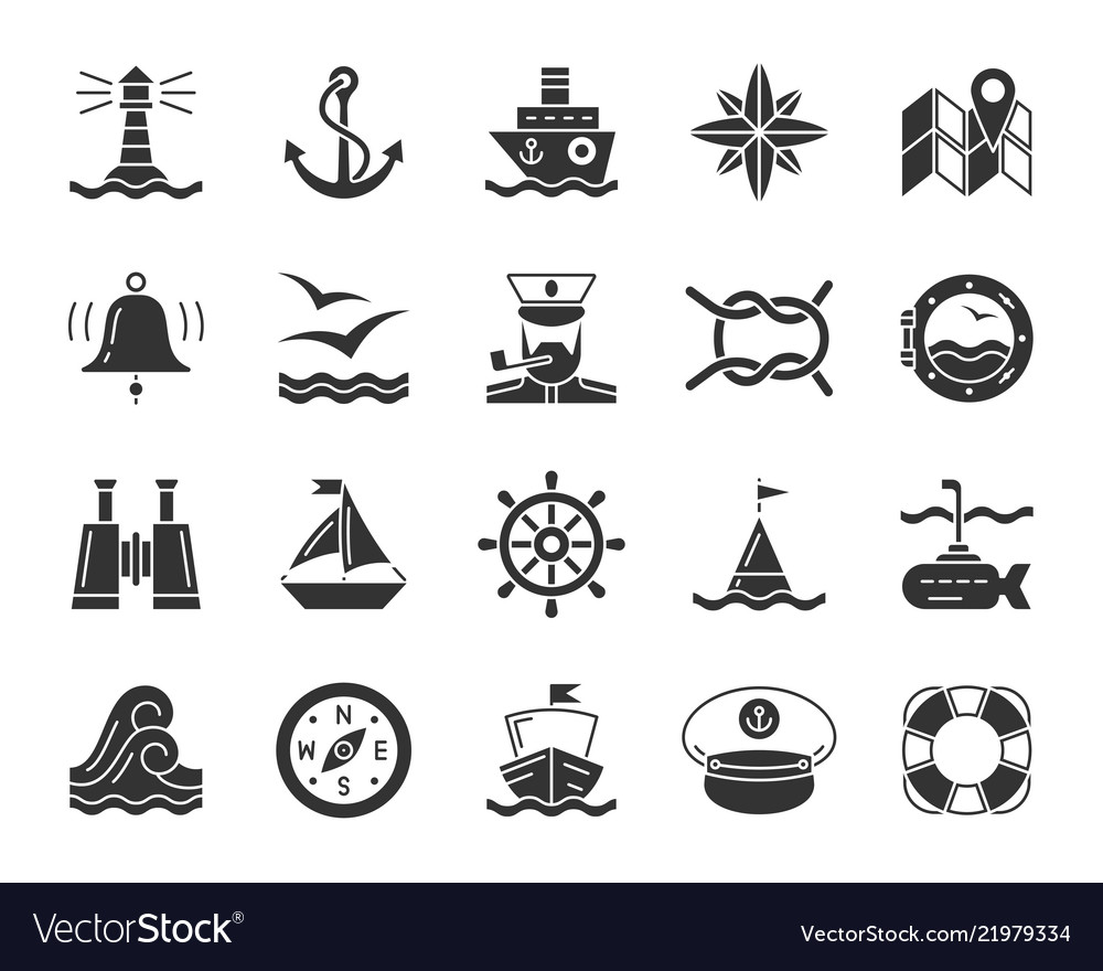 Marine black glyph icons nautical set Royalty Free Vector