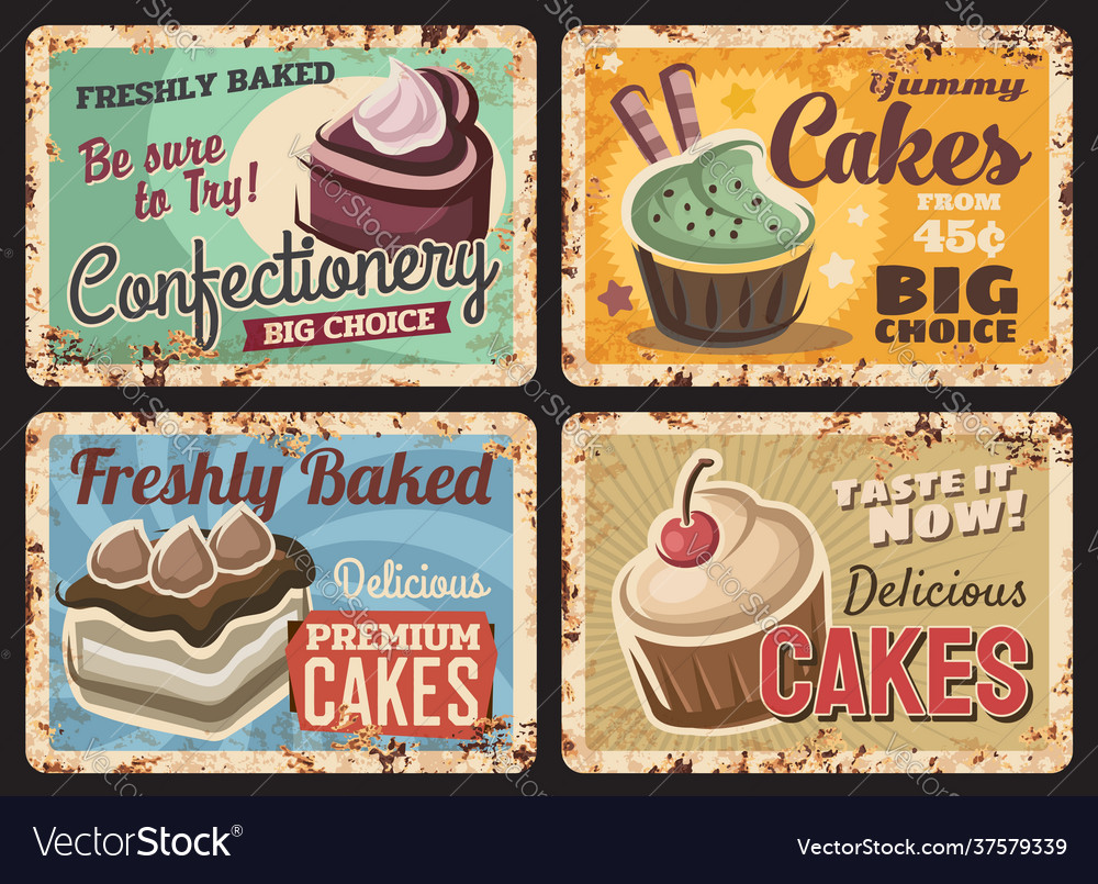 Cafe desserts pastry shop cake rusty metal plate Vector Image