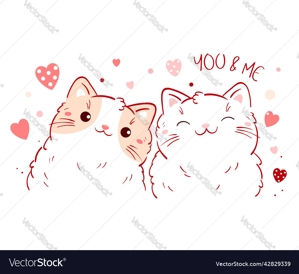 Cute valentine card in kawaii style two lovely