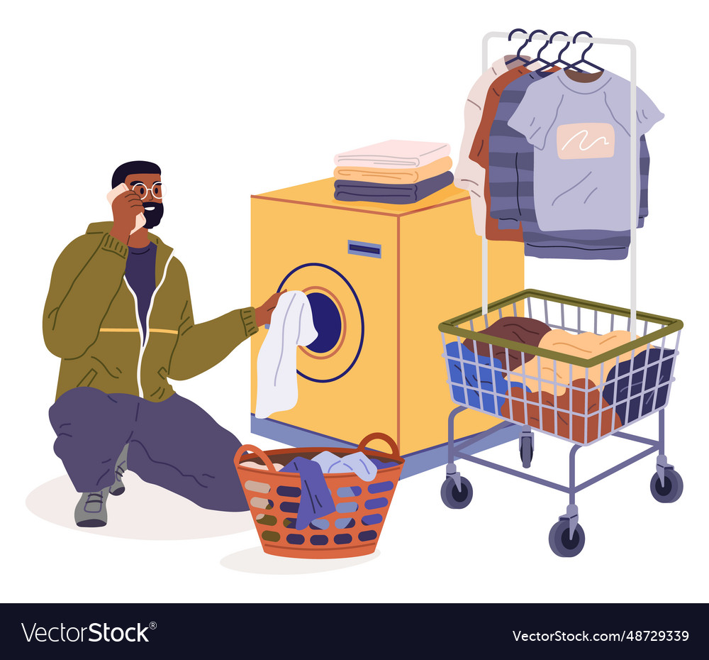Man loading washing machine with dirty clothes vector image Man loading washing machine with dirty clothes