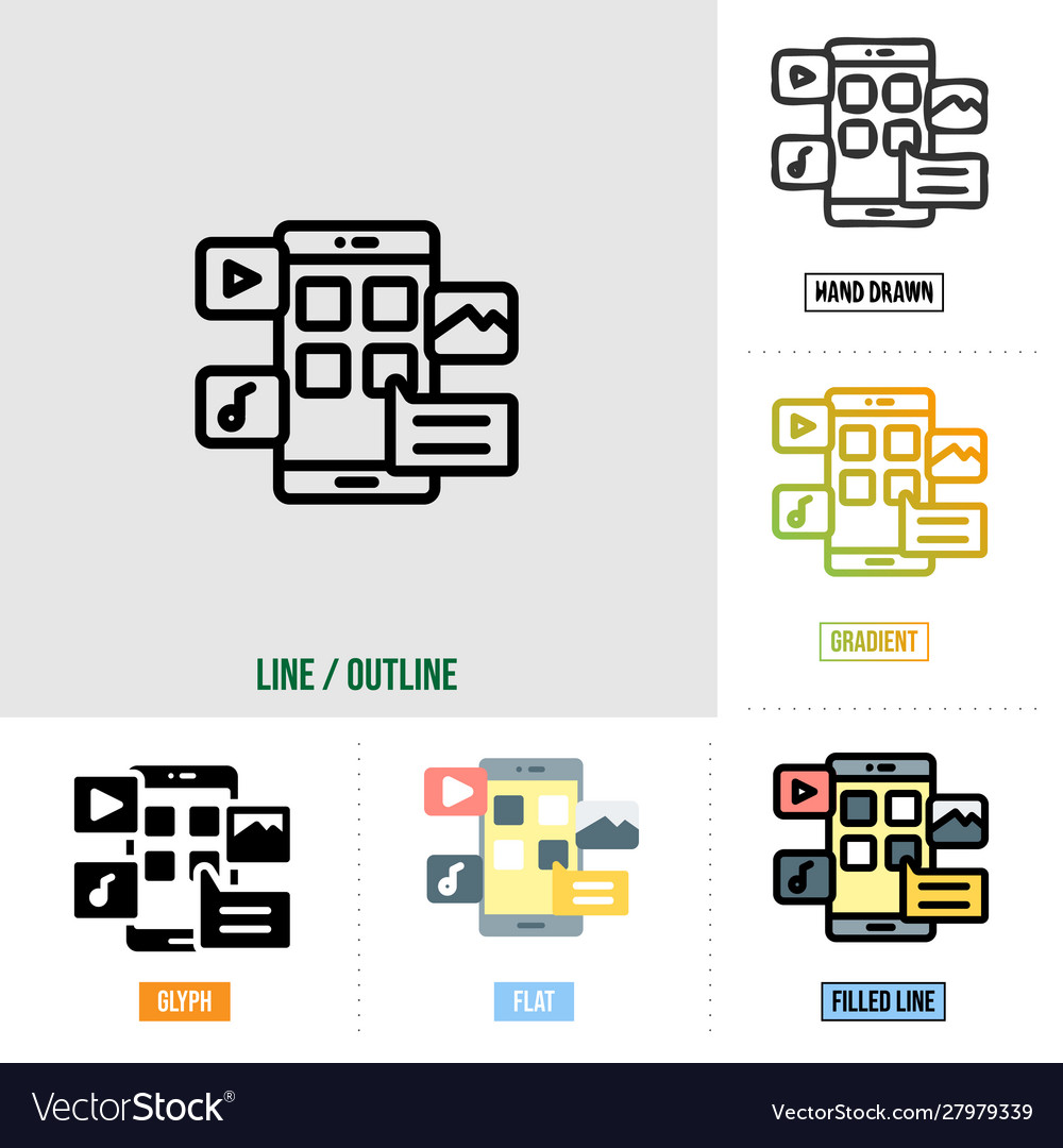 Mobile app icon in six different styles based