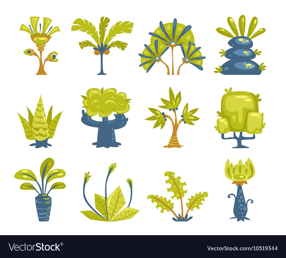 Cartoon fantasy trees and bushes set