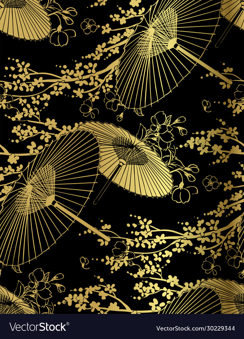 fan flower unbrella vector japanese chinese seamless pattern design gold.