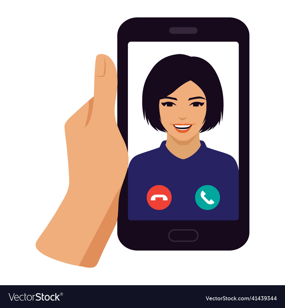 Hand holding smart phone with video call on screen vector image Hand holding smart phone with video call on screen