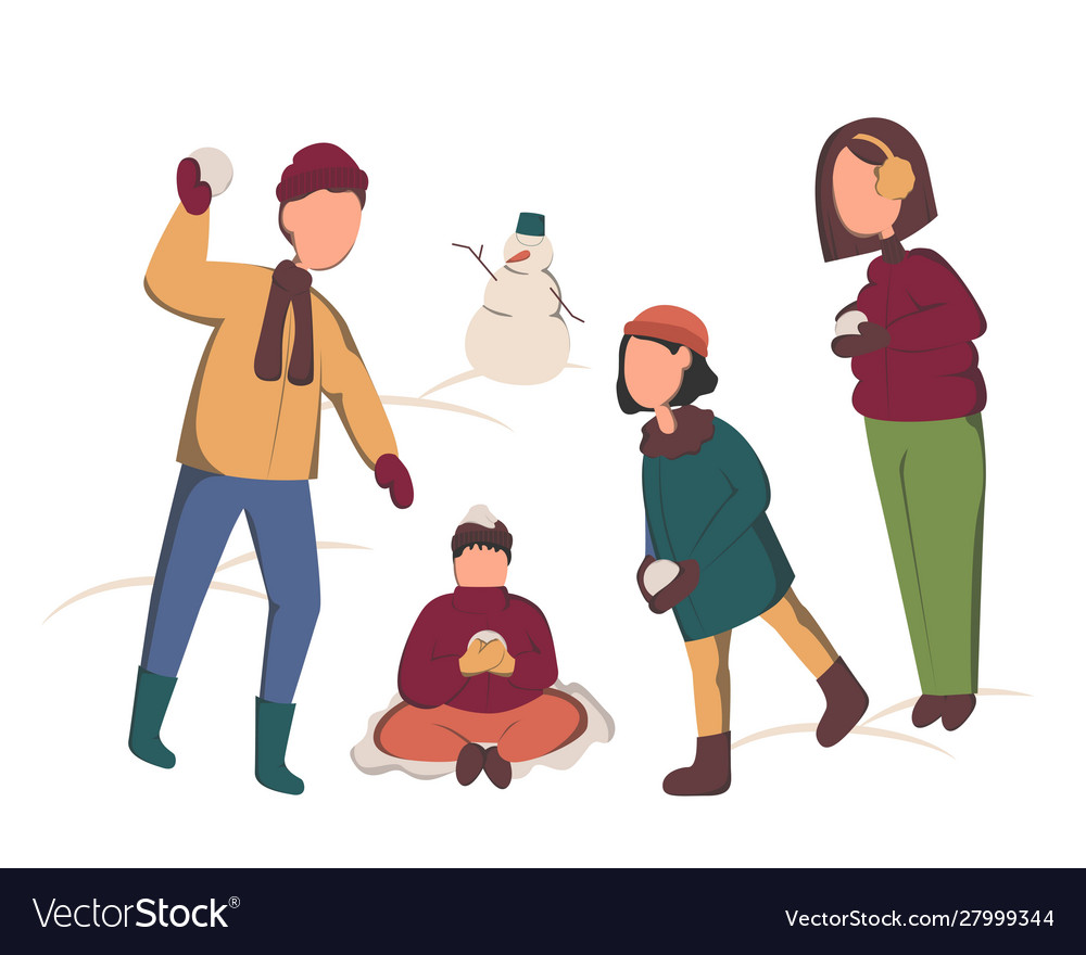 Happy family throwing snowballs - cartoon people vector image Happy family throwing snowballs - cartoon people