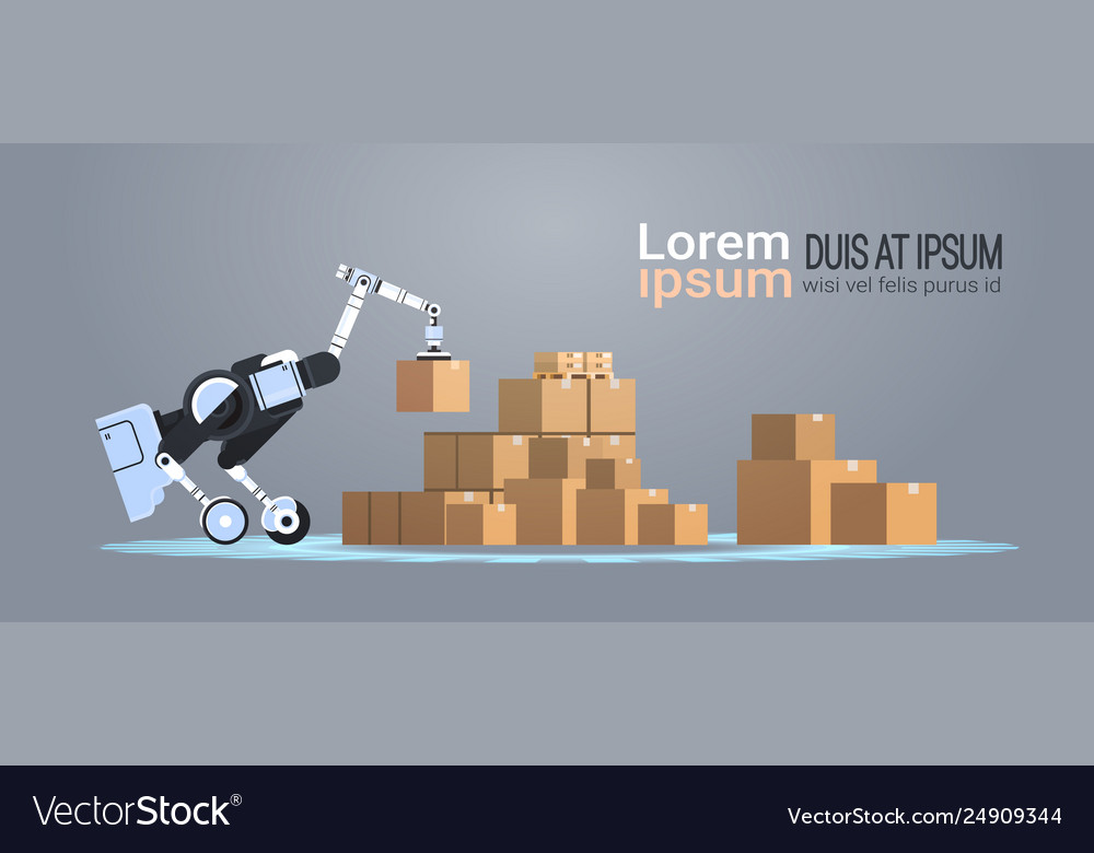 Robotic worker loading cardboard boxes hi-tech vector image Robotic worker loading cardboard boxes hi-tech