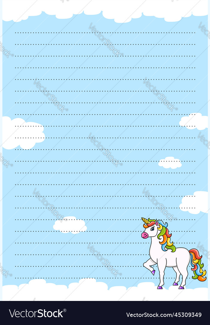 Colored sheet template for notes with unicorn vector image Colored sheet template for notes with unicorn