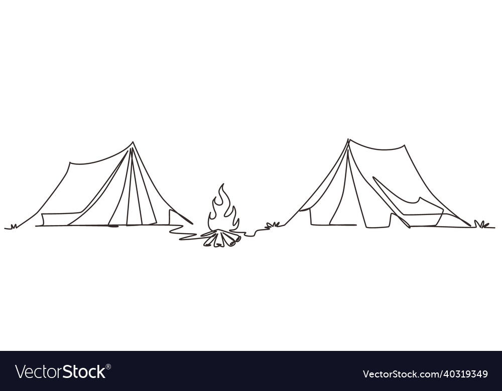Single one line drawing two tent with bonfire