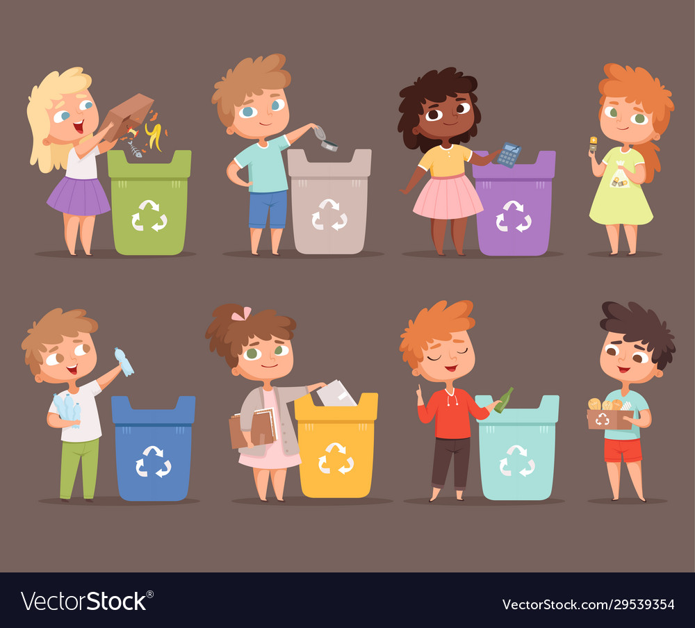 Garbage recycling kids protect environment Vector Image