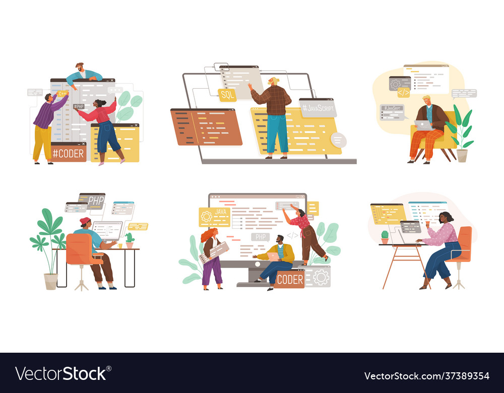 Programmer engineering and coding set vector image Programmer engineering and coding set