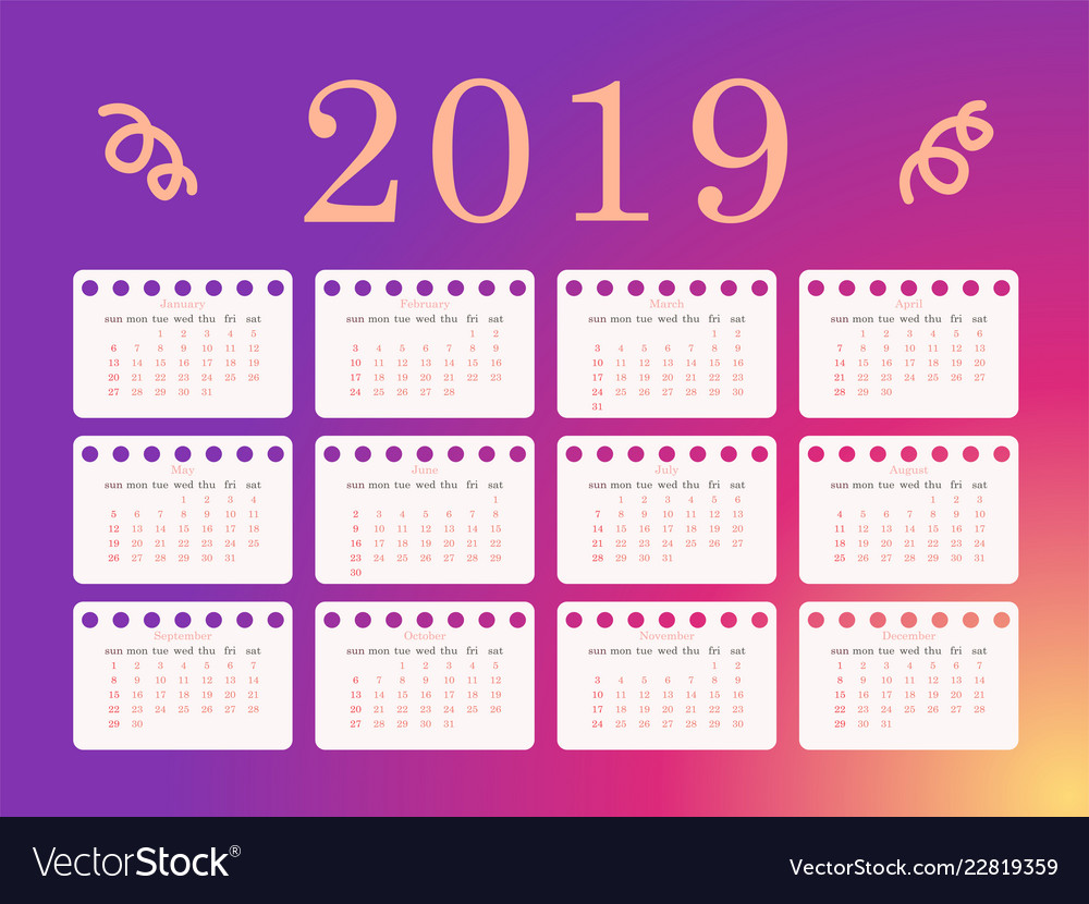 Calendar 2019 bright and cute colors