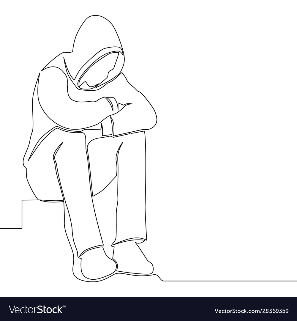 Continuous line drawing sad man alone concept Vector Image