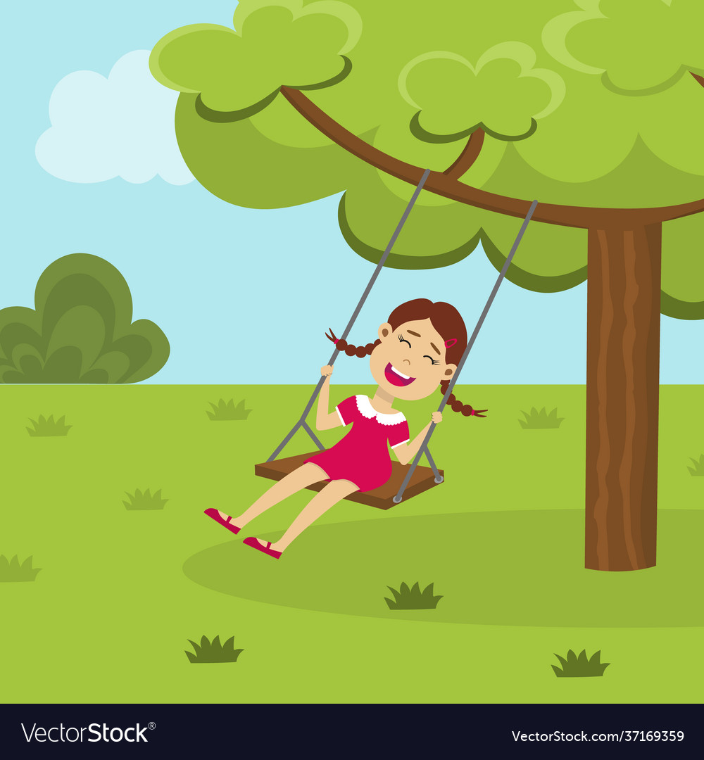 Happy Girl On A Tree Swing In Park Royalty Free Vector Image