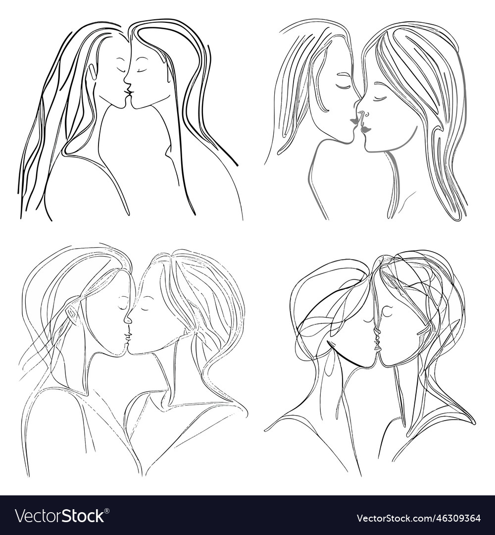 Set of two women kissing line Royalty Free Vector Image