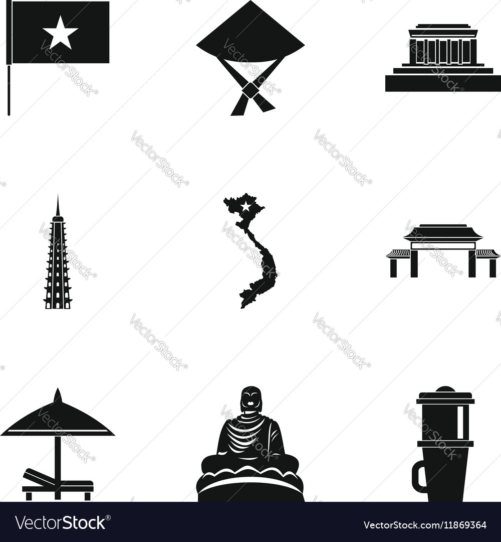 Tourism in Vietnam icons set simple style Vector Image