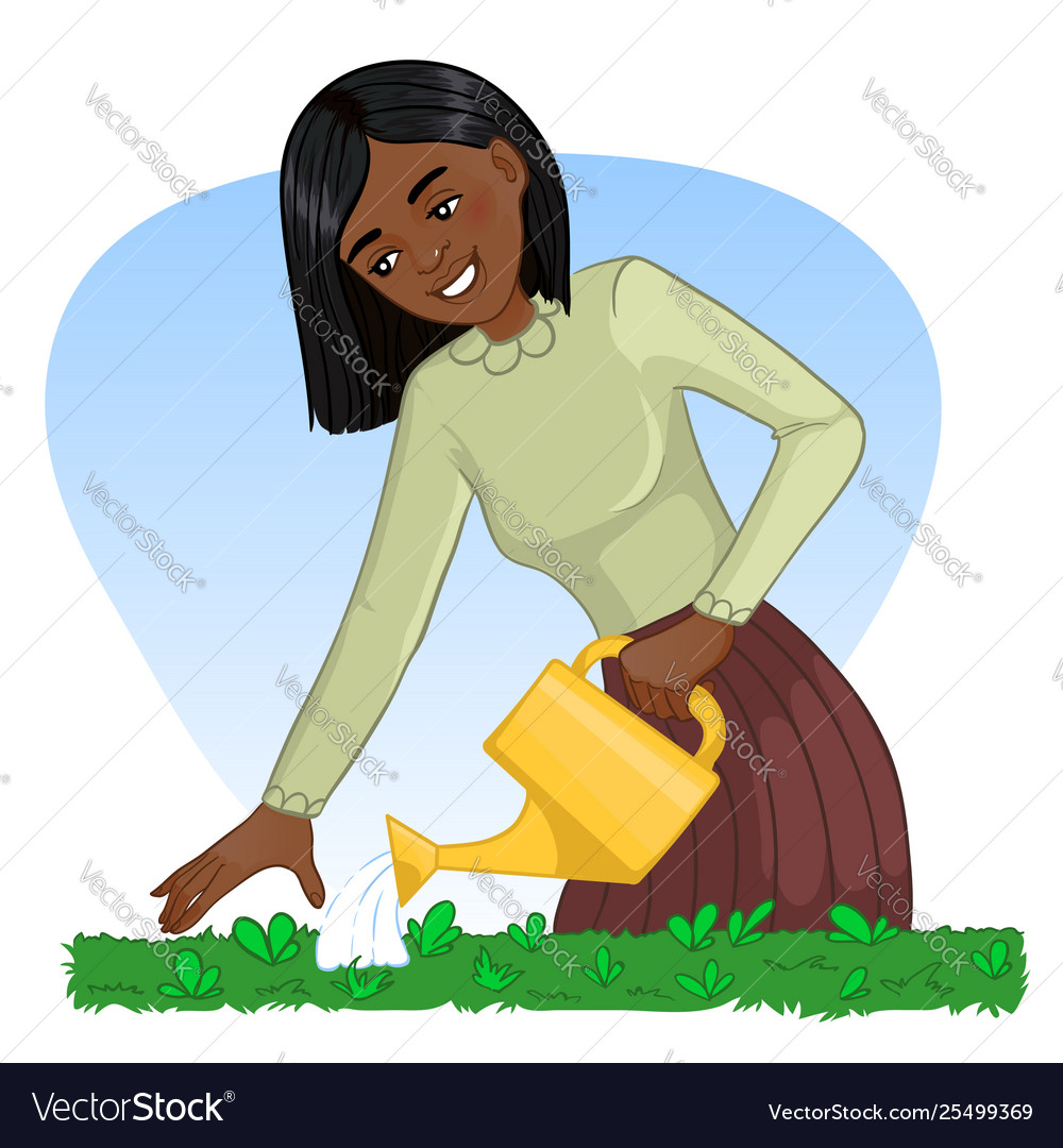 African american woman watering a bed with can