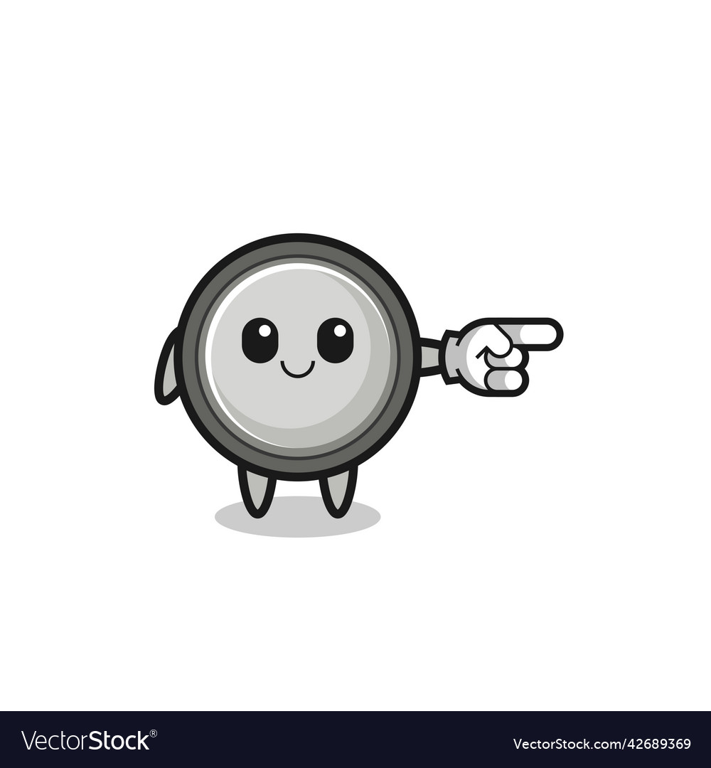 Button cell mascot with pointing right gesture