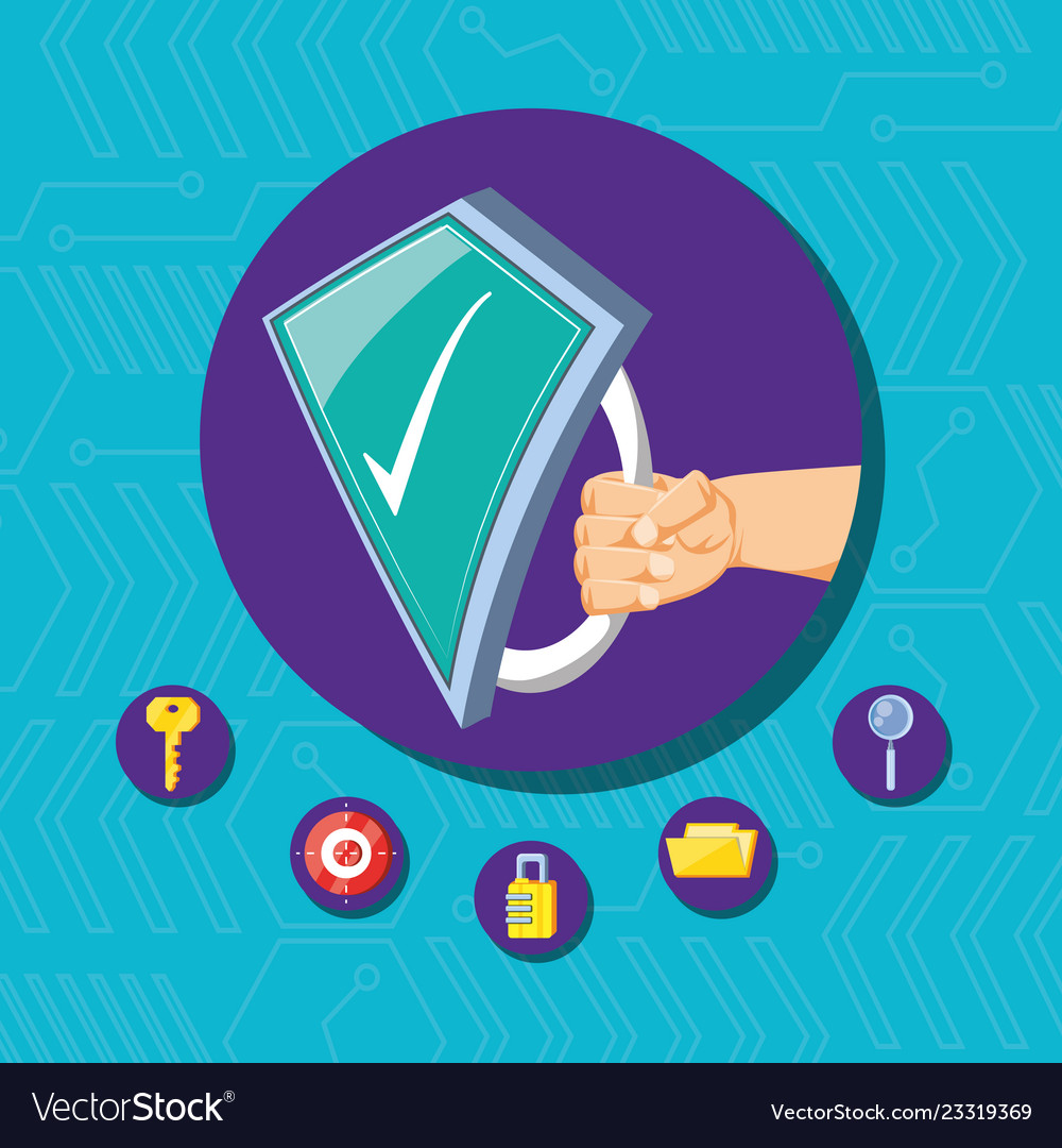 Hand with shield and set icons cyber security
