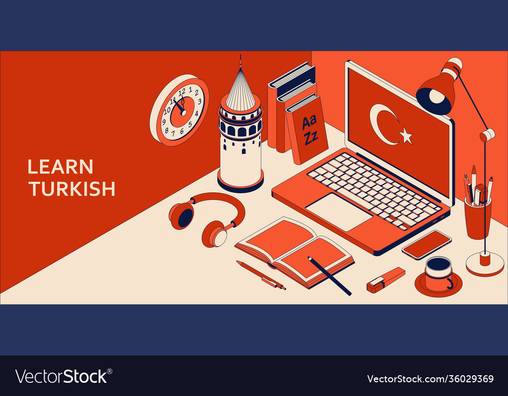 Learn turkish language isometric concept with open vector image Learn turkish language isometric concept with open