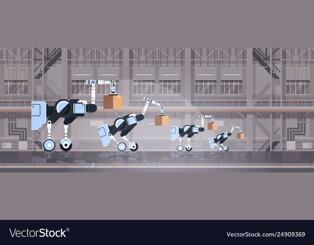 Robotic workers loading cardboard boxes hi-tech vector image Robotic workers loading cardboard boxes hi-tech