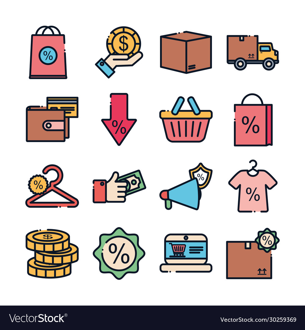 Sale and shopping line fill style icon set