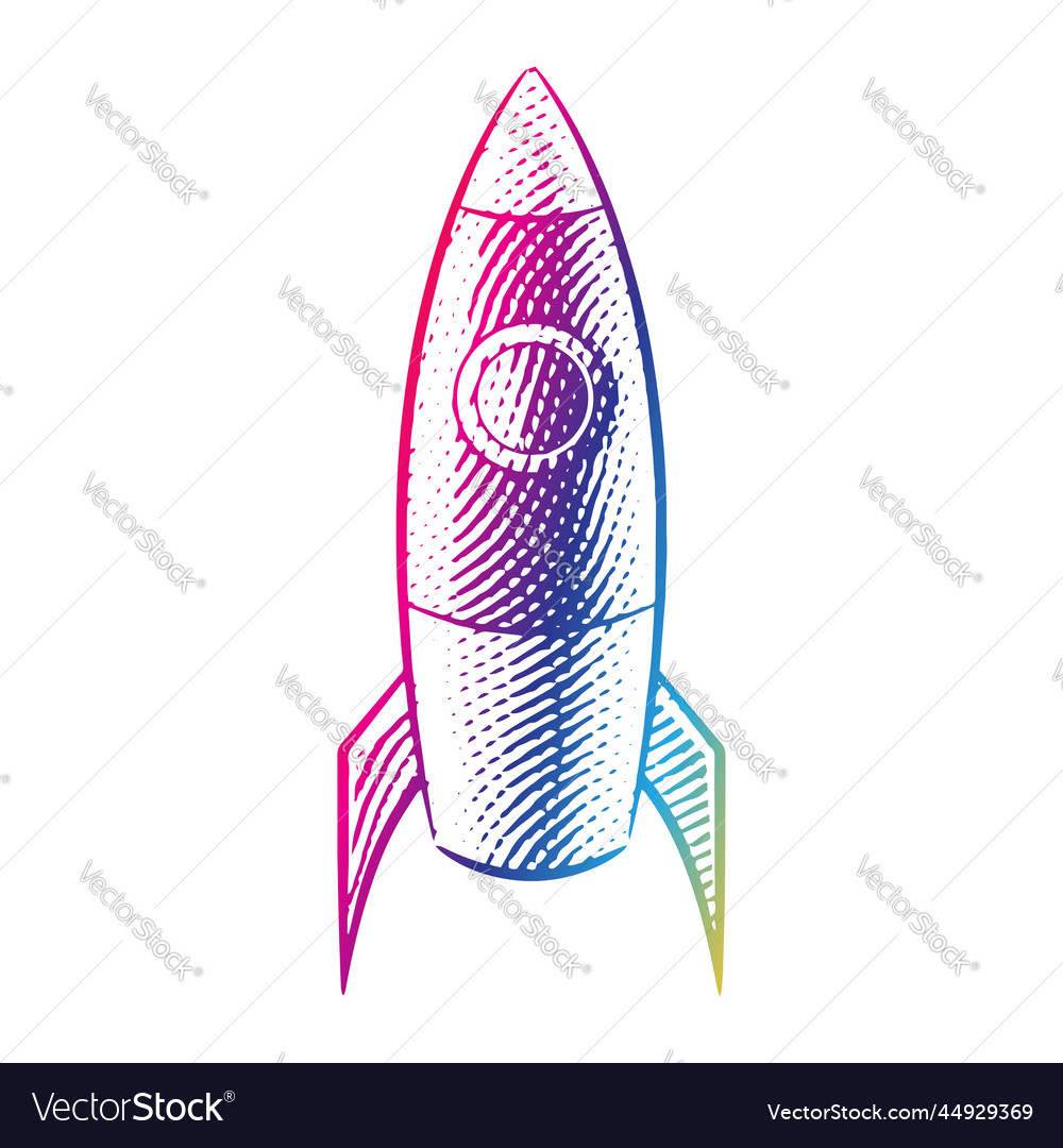 Scratchboard engraved of a rocket in rainbow vector image Scratchboard engraved of a rocket in rainbow