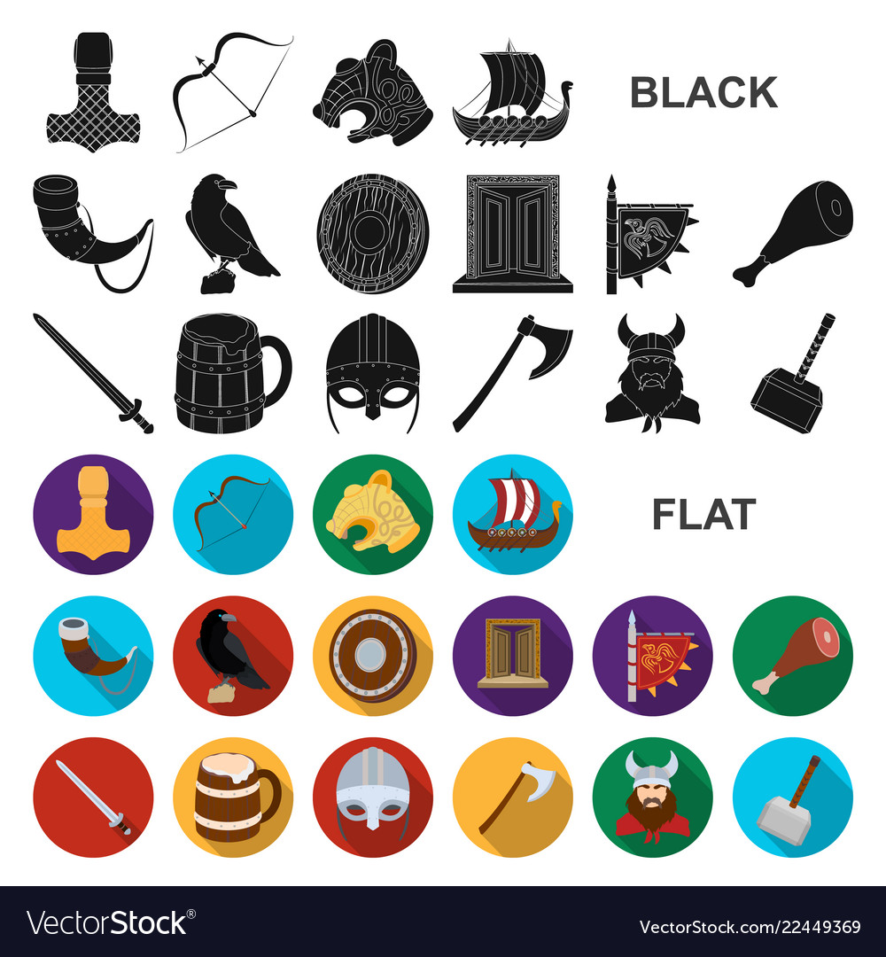 Vikings and attributes flat icons in set