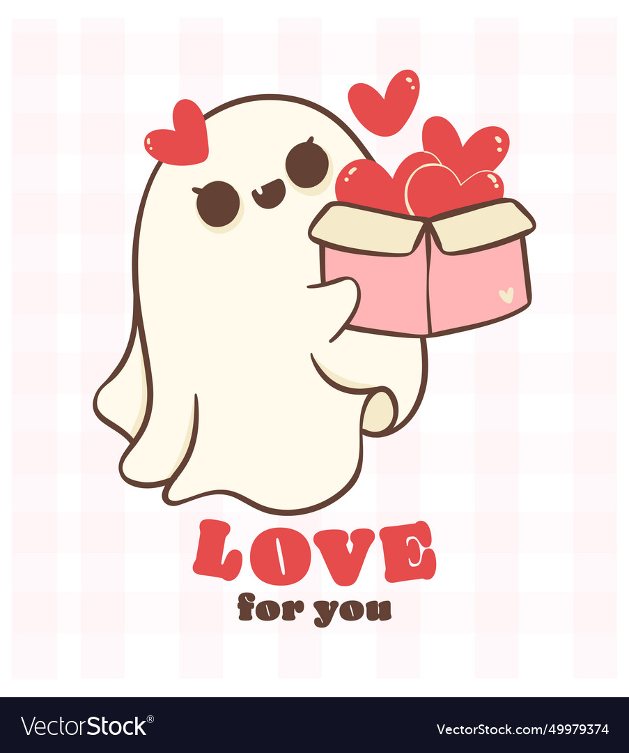 Cute retro valentine ghost with love box kawaii