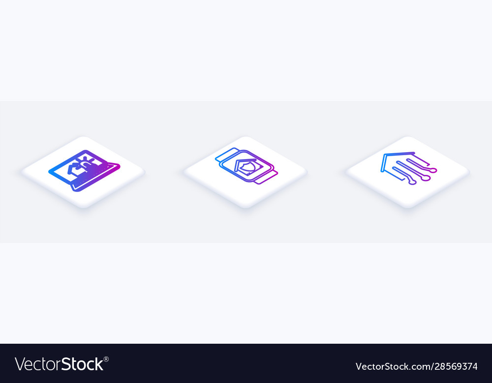 Set isometric line laptop with smart house