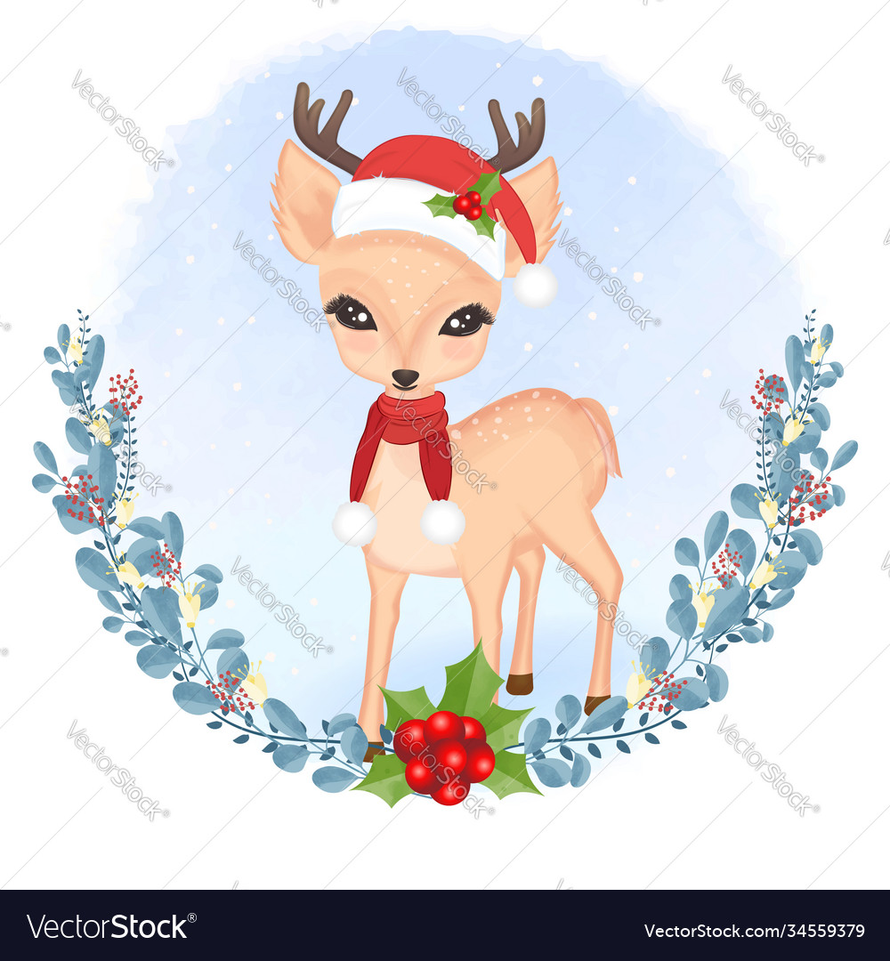 Deer and wreath christmas hand drawn watercolor