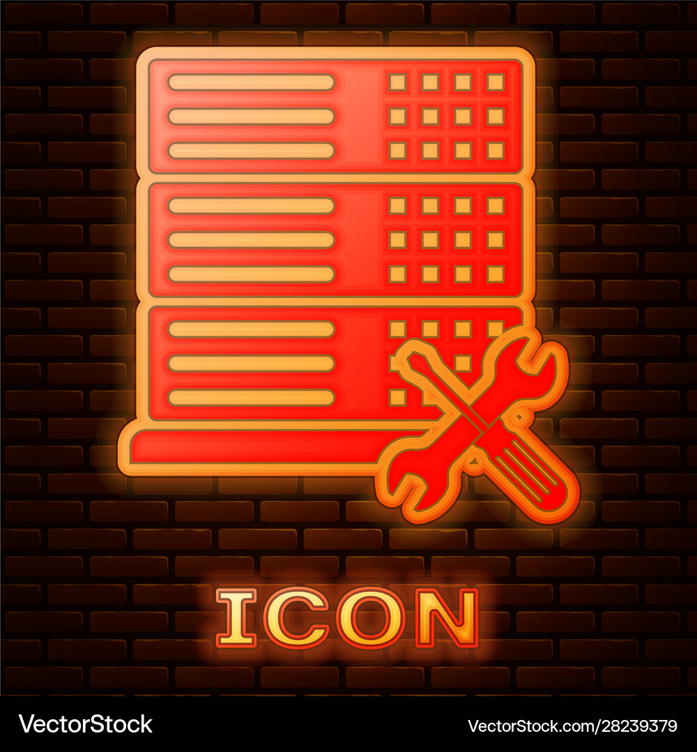 Glowing neon database server with screwdriver Vector Image