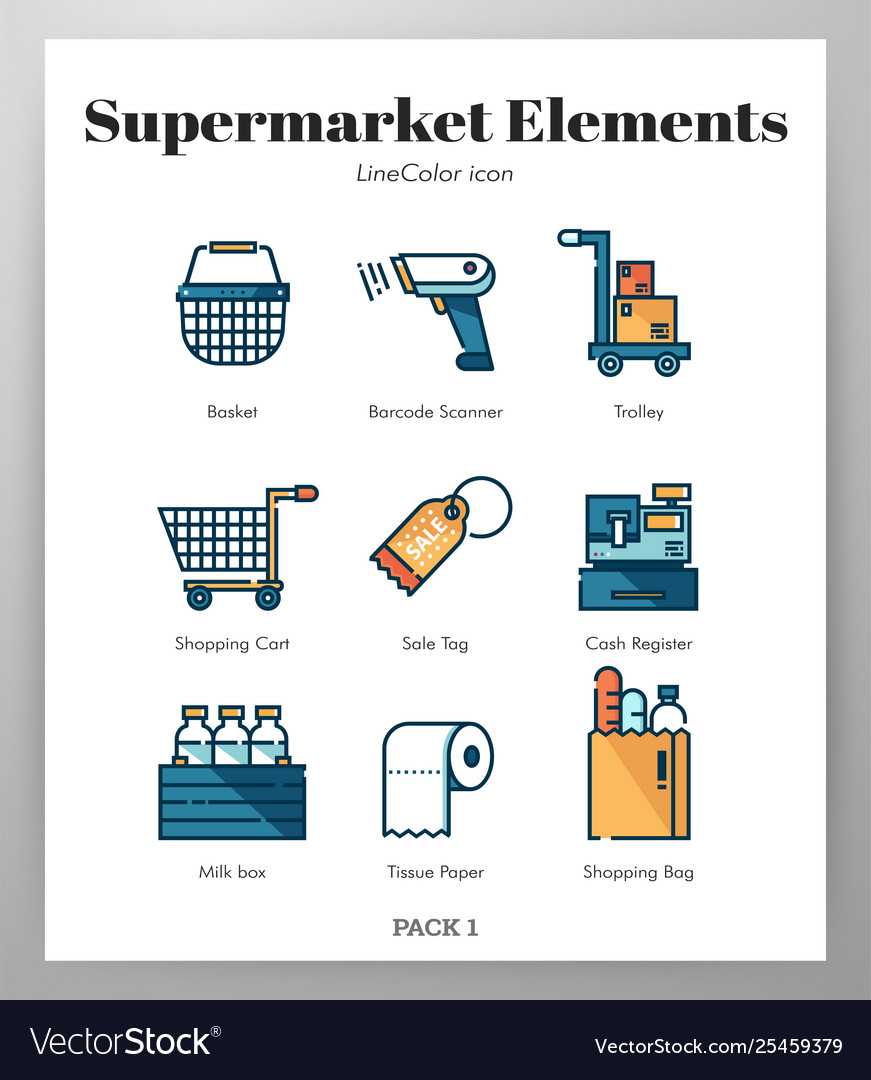 Supermarket elements linecolor pack Royalty Free Vector