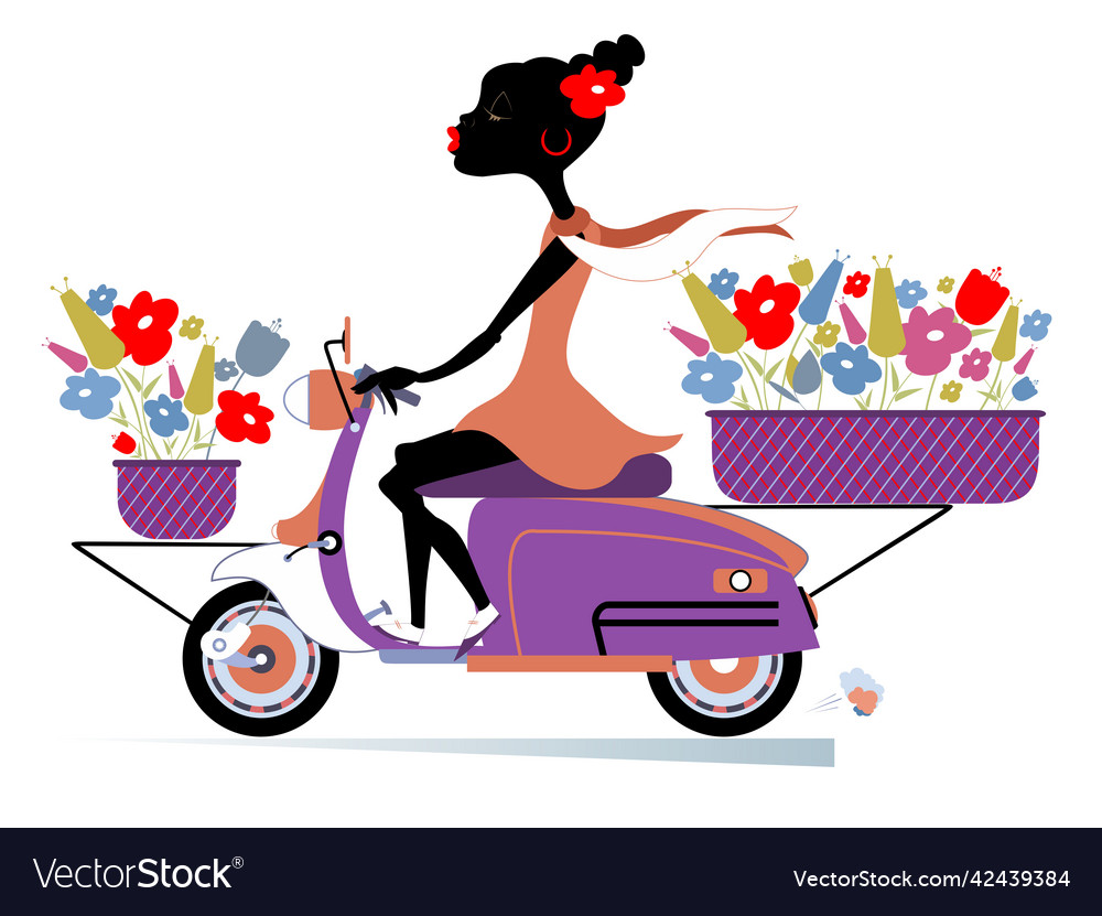 African woman a scooter and bouquets of flowers