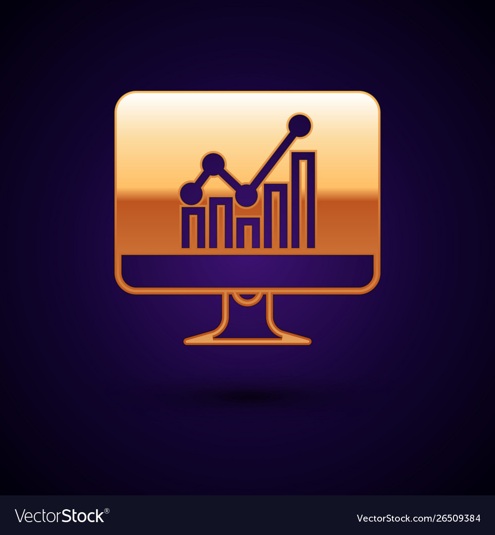 Gold computer monitor with graph chart icon vector image Gold computer monitor with graph chart icon