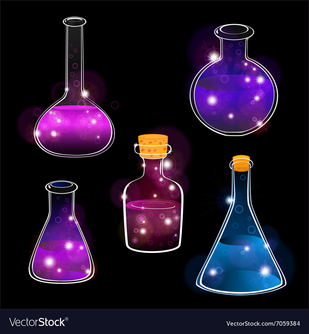 Set of laboratory flasks on black background