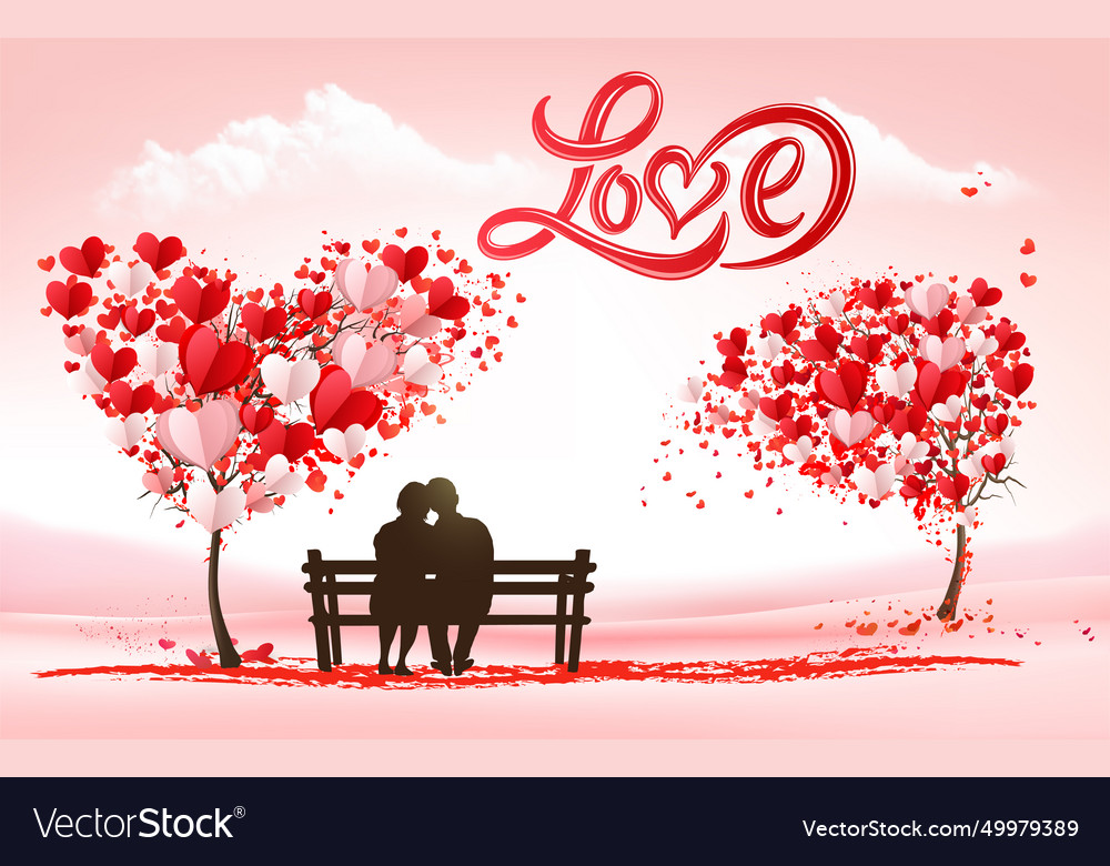 Couple is sitting under a heart-shaped tree