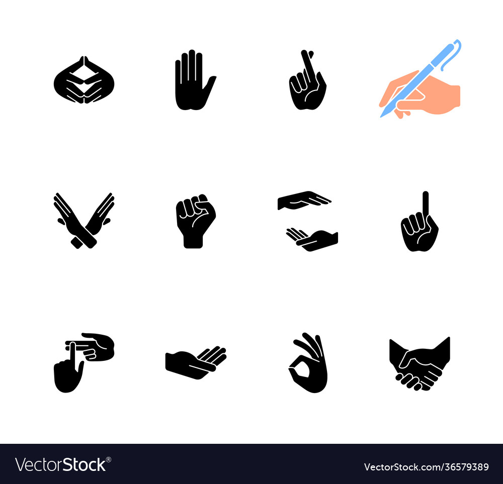 Hand gestures black glyph icons set on white space