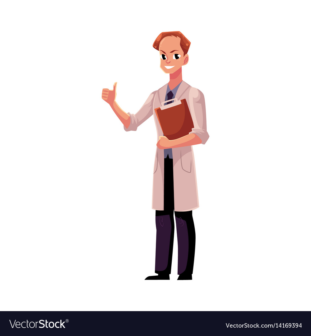 Male doctor in medical coat holding clipboard