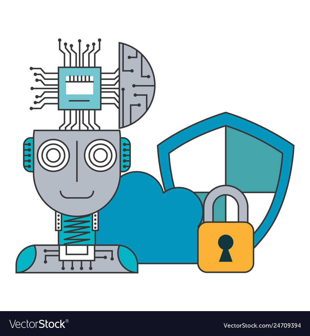 Robot humanoid with microchip and set icons