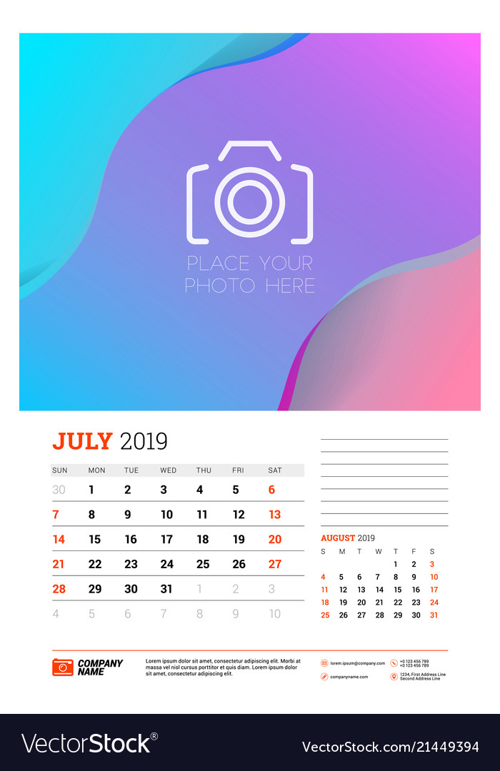 Wandkalender Planer Vorlage für Juli 2019 Woche