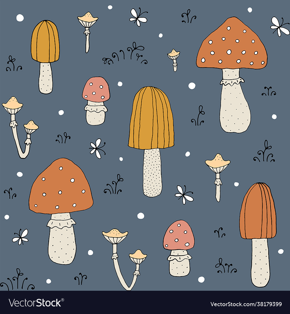 Seamless texture with forest mushrooms and hand Vector Image Seamless texture with forest mushrooms and hand