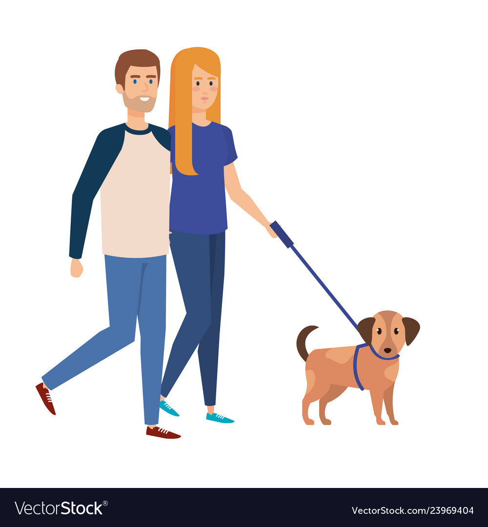 Lovers couple walking with dog