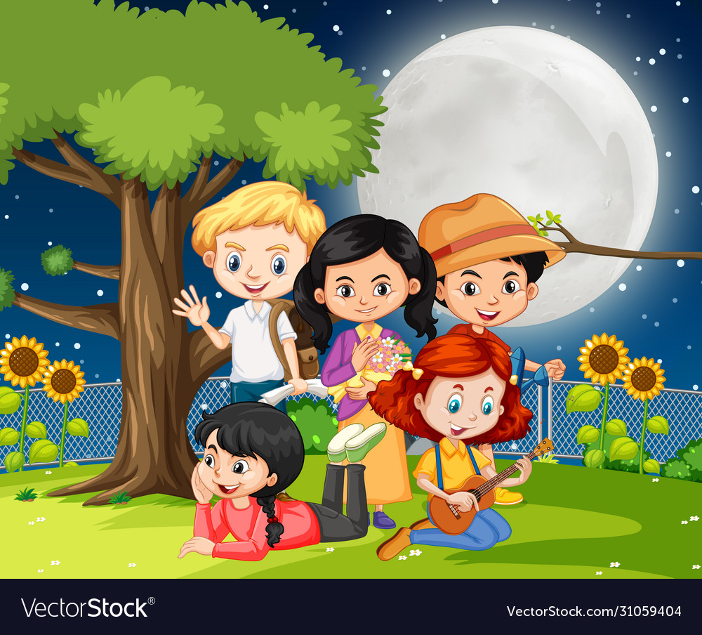 Scene with many children in park at night Vector Image