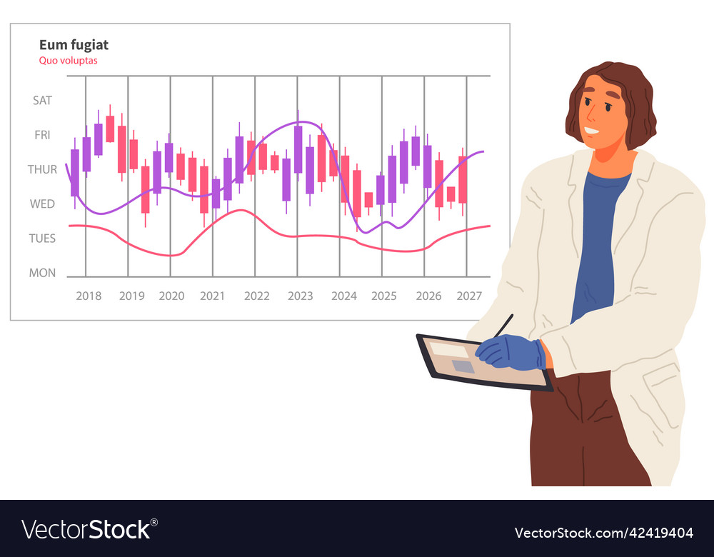Scientist works with data analytics and research vector image Scientist works with data analytics and research