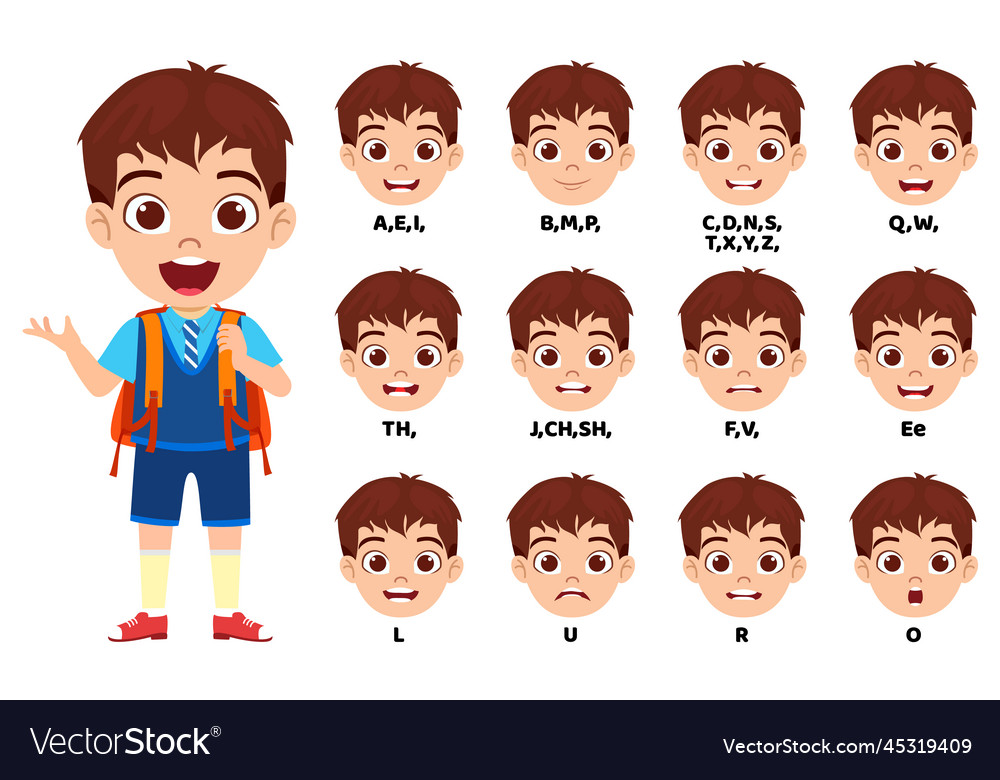 Kid school boy character mouth animation lip sync Vector Image