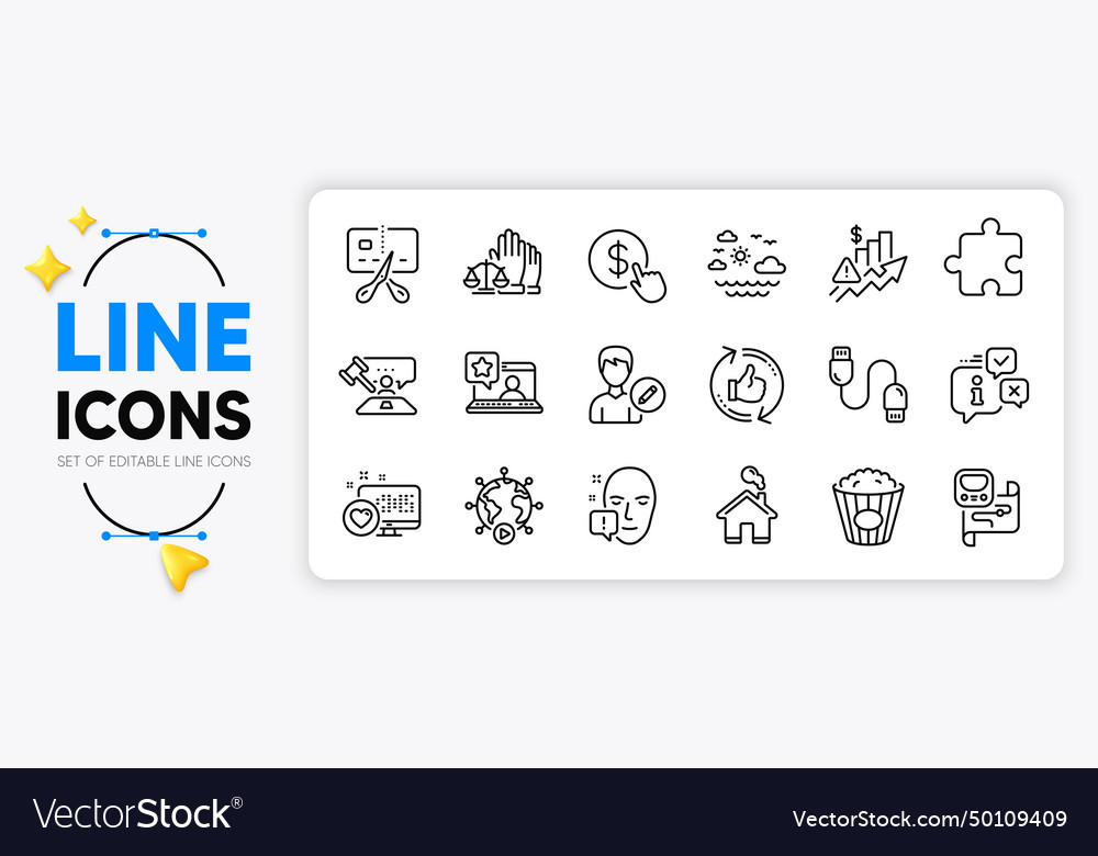 Popcorn judge hammer and puzzle line icons vector image Popcorn judge hammer and puzzle line icons
