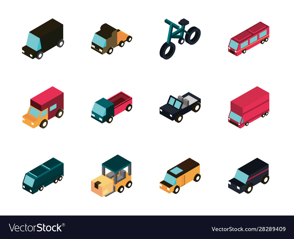 Transport car truck vehicles isometric icons set