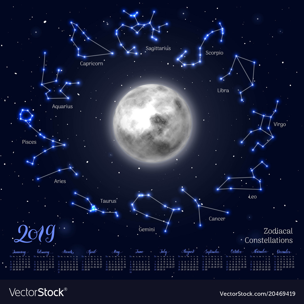 Calendar moon zodiac constellations 2019 night